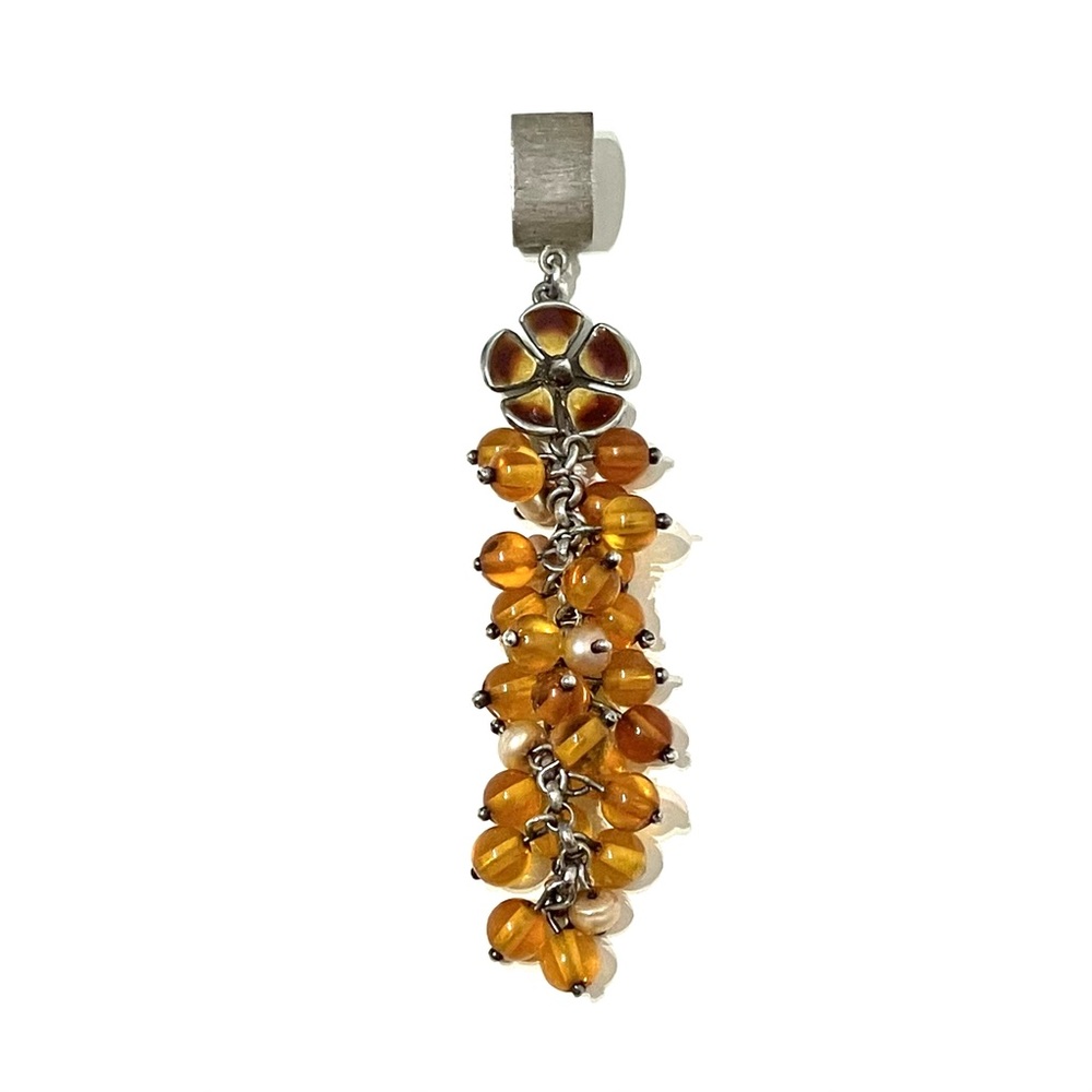 Sterling Silver Flower Amber and Pearl Beads Drop Pendant